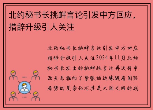 北约秘书长挑衅言论引发中方回应，措辞升级引人关注